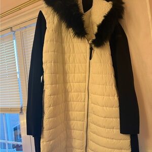 Calvin Klein Black and Cream Puffer Coat with Faux Fur